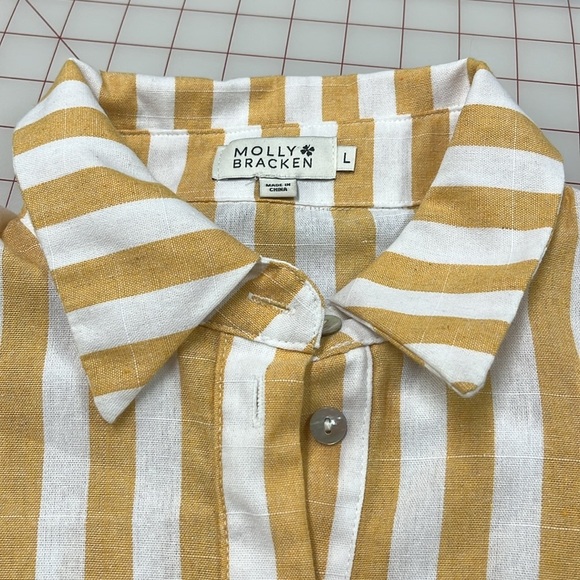 MOLLY BRACKEN Mustard/White Stripe Cottage/Career/City Long Puff SLV Blouse L - Picture 10 of 15